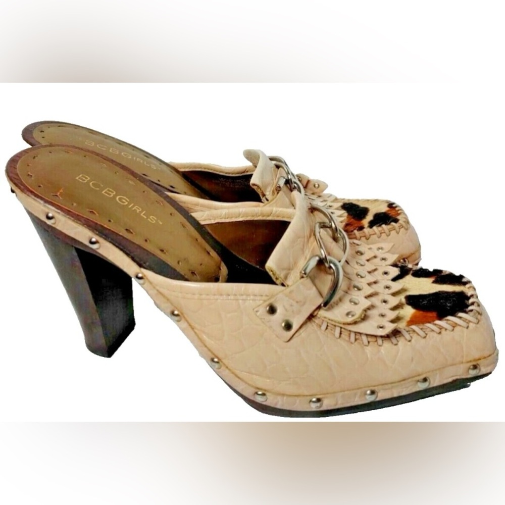 EUC***BCBG GIRLS / BLUSH / LEATHER / LEOPARD CALF HAIR / WOOD MULES / SIZE 8